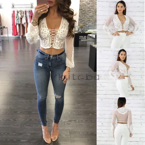 

Women Lace Sheere Tanks Solid Sexy Fashion Casual Short Summer Slim Fit Tops Lace Up Crop Top White