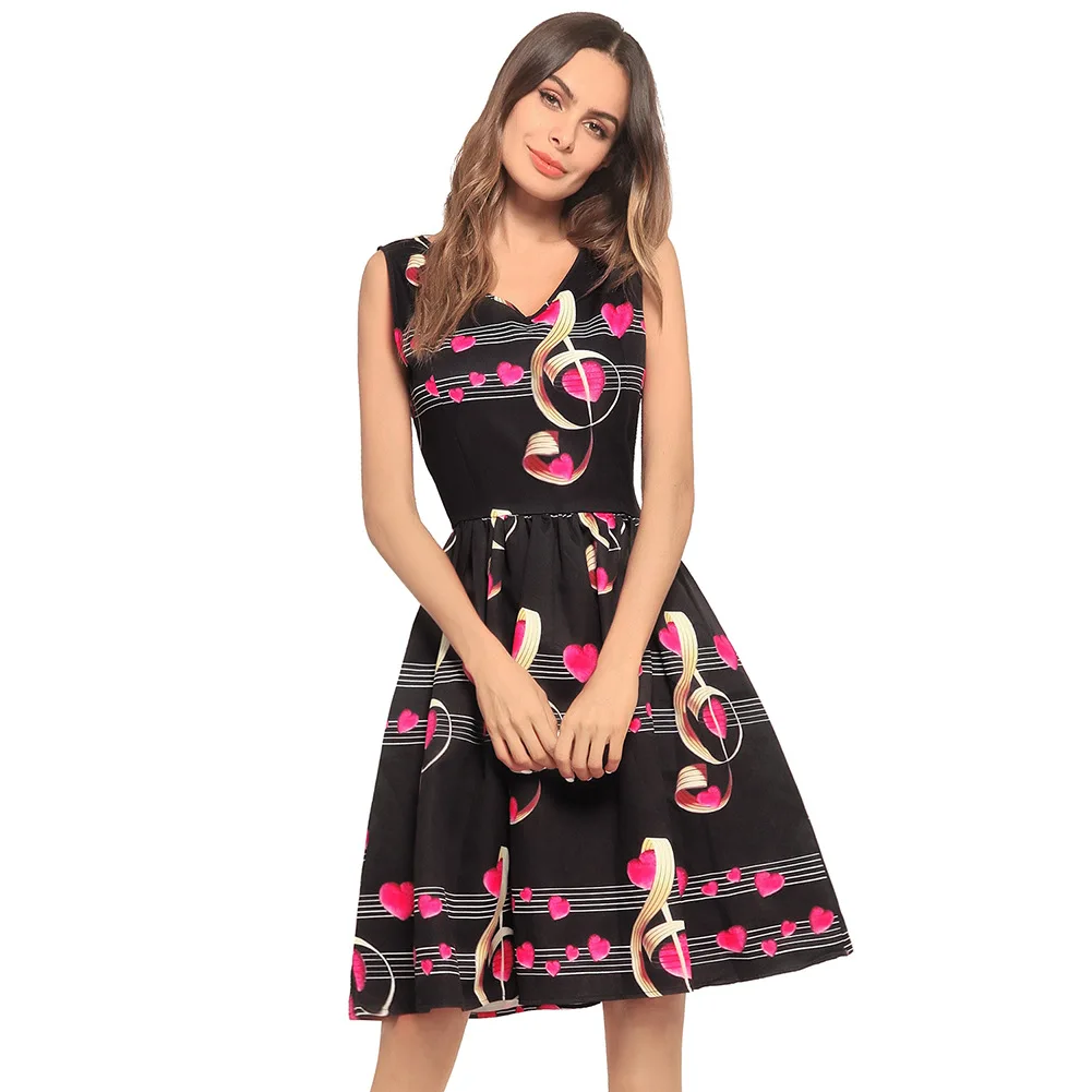 New dress Heart-shaped Music Symbol Print V-neck vest Large swing pendant dress