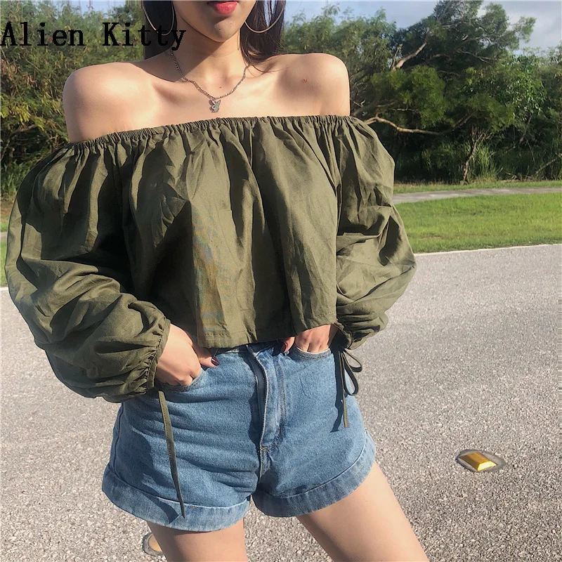 

Alien Kitty Puff Sleeve Blouses 2018 Female Fashion Slash Neck Sexy Solid Shirts Women Summer Clothes Ladies Slim Top Blouse