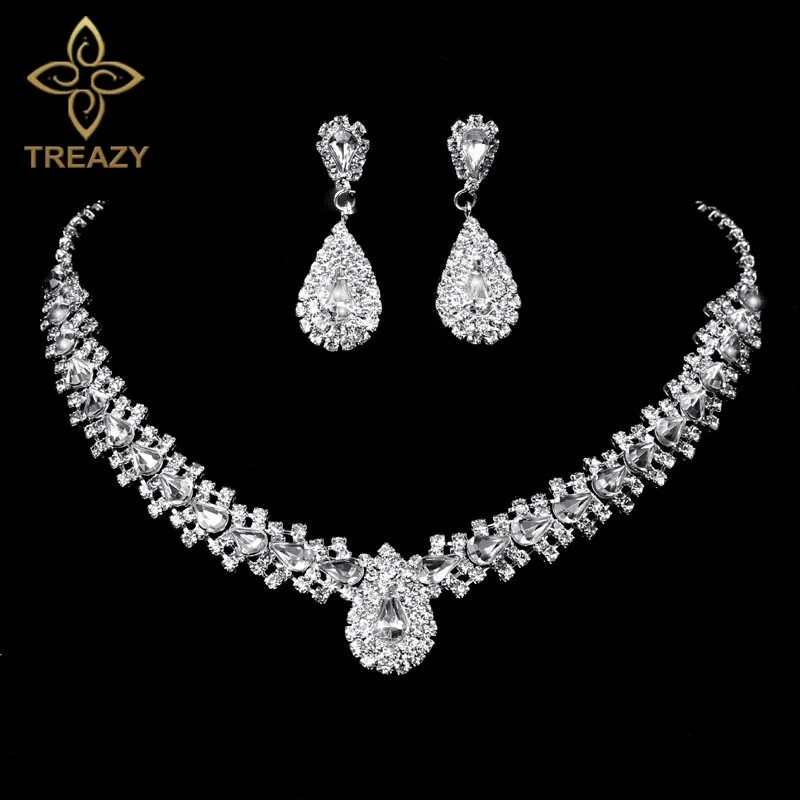 TREAZY Elegant Wedding Jewelry Sets for Women Pearls Crystal Necklace Earrings Bridal Jewelry Sets Prom Wedding Accessories
