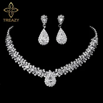 

TREAZY Sparkling Rhinestone Crystal Teardrop Design Wedding Bridal Jewelry Set Silver Plated Women Choker Necklace Earrings Set