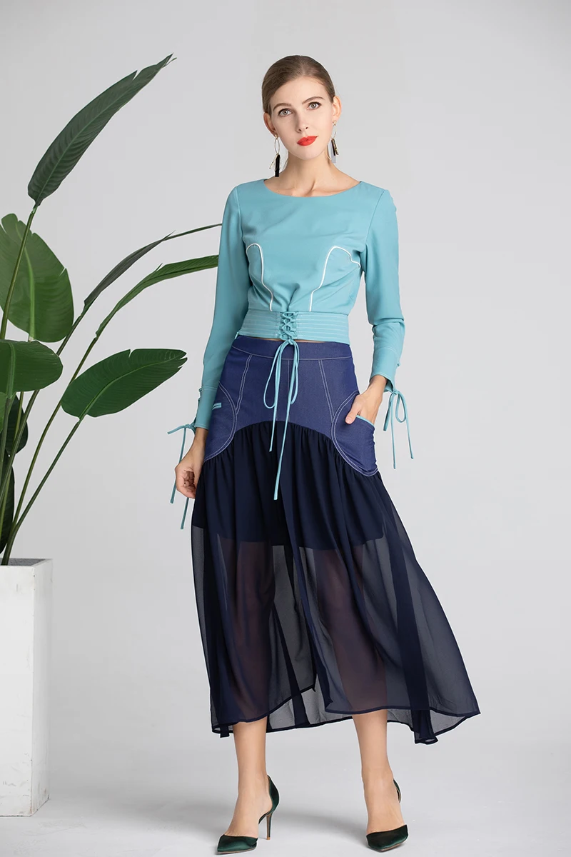 Ensembles Costume Miuximao Nouveau Manches 2019 Pièce Style 2 Longues Printemps Jupe Salopette cou Bleu À Top Épissage Robe Femmes D'o nX1WX
