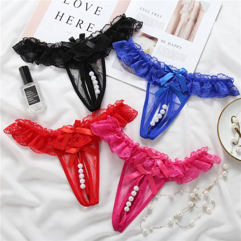 VDOGRIR Sexy Underwear Women's Transparent Lace G-String Thongs Hot Erotic Lingerie Seamless Women Open Crotch With Pearl Tangas