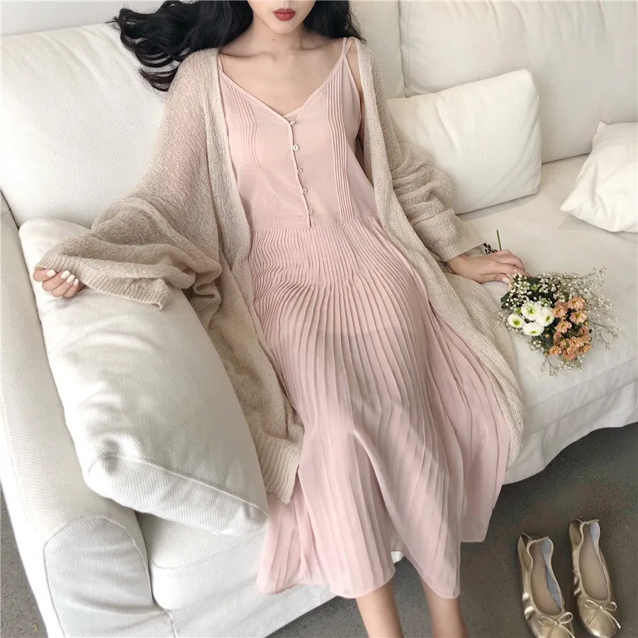 

Pengpious soft temperament see through chiffon dress strap dress pleated hem loose summer women dress without liner