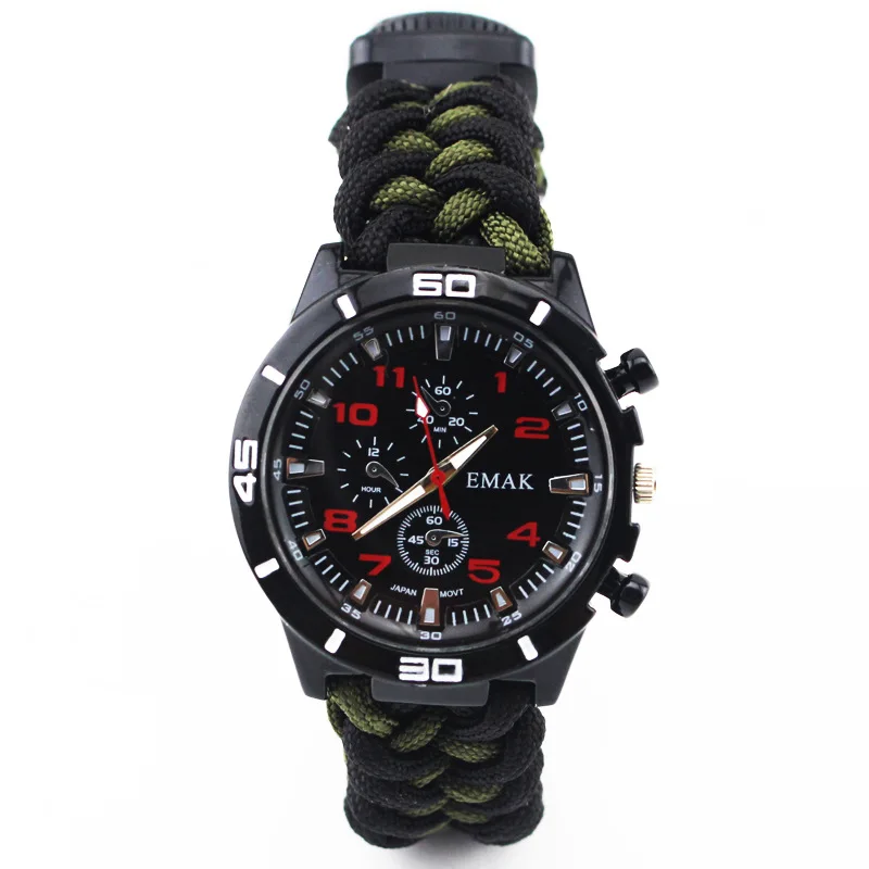 

Outdoor Camo Survival Watch Camping Tools Multi-functional Compass Thermometer Knife Bracelet Wristband Paracord 9 inch Watches