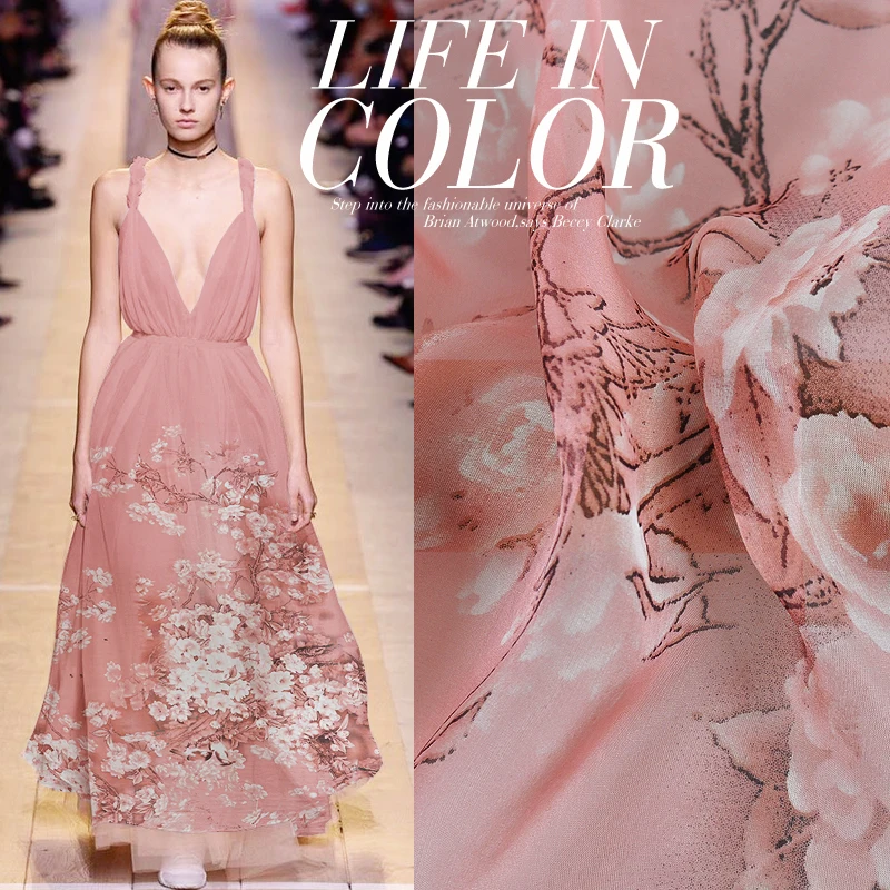 

135*50cm pink flower pure mulberry silk tulle 100% silk Chiffon Fabric sewing Silk scarf fabric Wedding Dress Clothes diy tissu