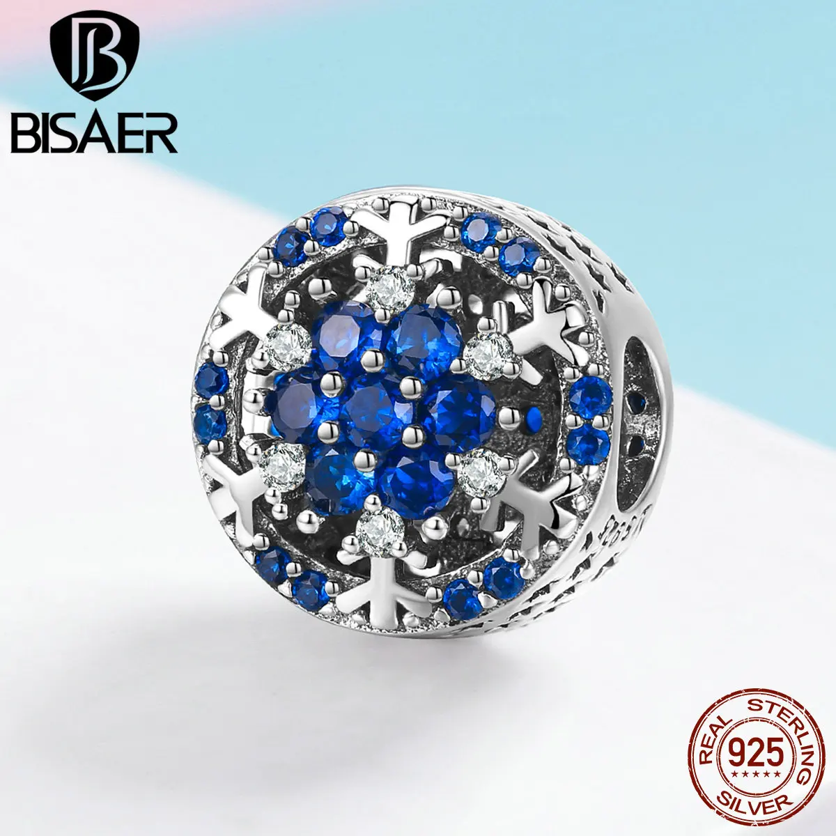 

BISAER 925 Sterling Silver Blue CZ Stone Snowflake Round Beads for Women Jewelry Making Fashion Jewelry Gifts for Girls HSC1098