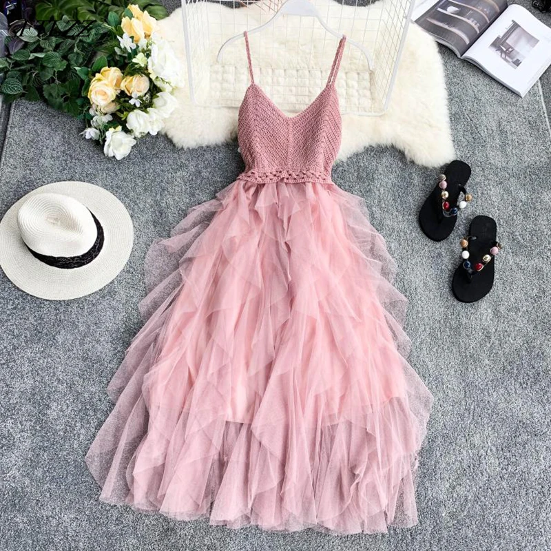 

FTLZZ New Women Tulle Dress Summer High Waist Mesh Dress Hem Asymmetrical Pleated Dress Female Slim Fairy Dresses