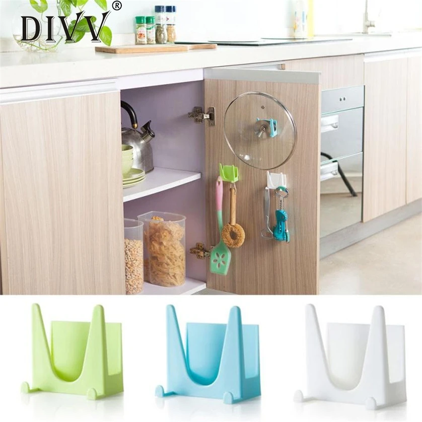 Kitchen Plastic Bracket Storage Rack Holder Scuker Sticker Pot Pan Cover Shell Cover hanger Rack Kitchen