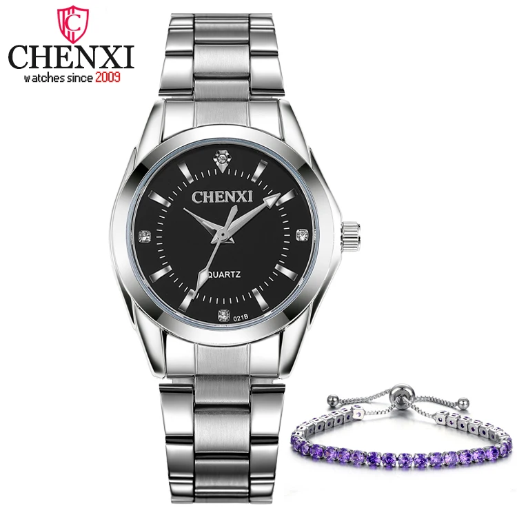 2 шт./компл. содержит женские кварцевые часы и модные ювелирные браслеты CHENXI модные повседневные наручные часы женские роскошные Брендовые Часы - Цвет: Black Purple