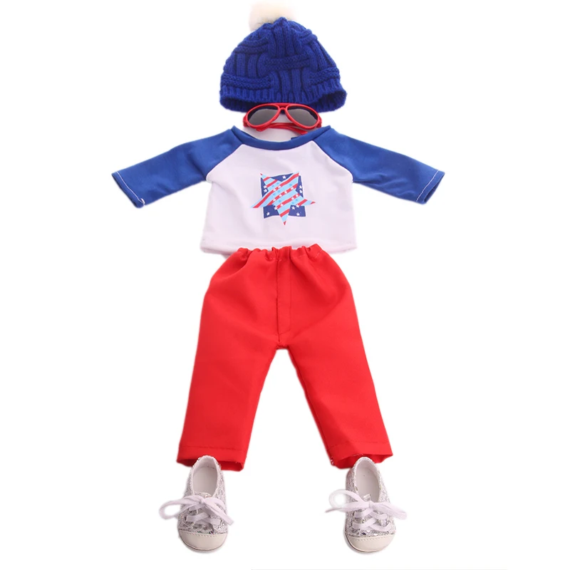 Кукольная одежда, крутые повседневные топы с рисунком пятиугольника, красные брюки+ шляпа для 18 дюймов, американская кукла и 43 см, кукла для новорожденных девочек(без обуви