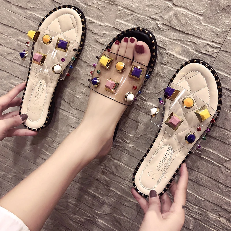 

Med women wedge allmatch outdoor Slides PVC Rivet transparent Crystal Flat summer Wedges slipper woman creeper outside