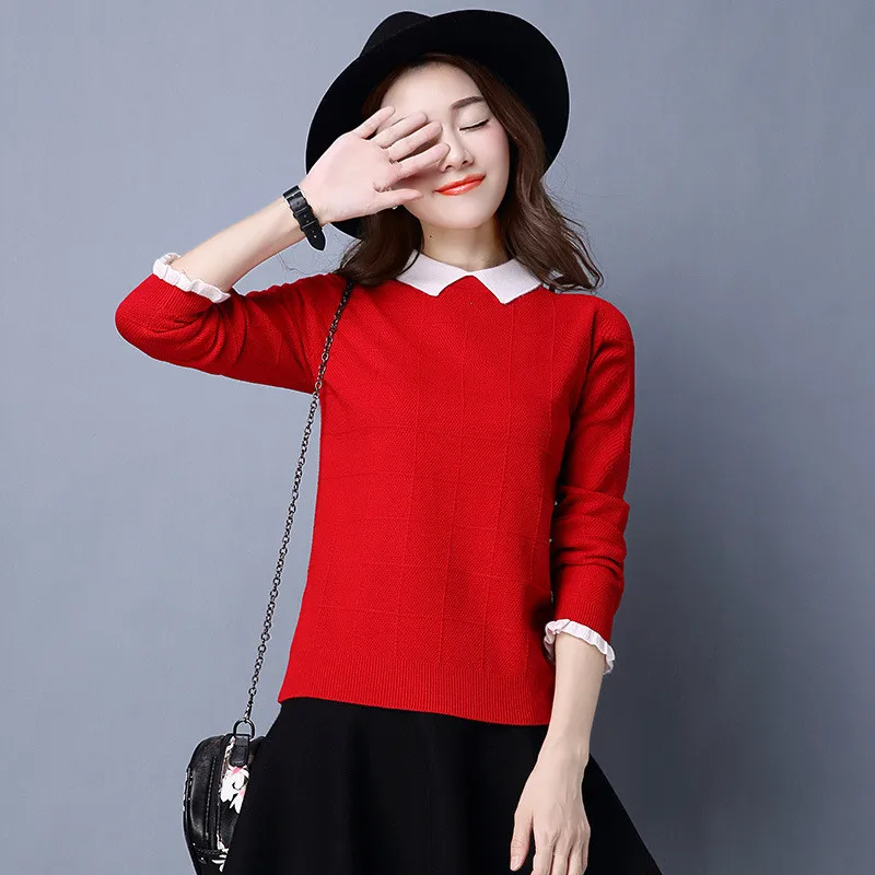

Plus Size Sweater Pull Femme 2019 Spring Solid Knitted Pullover Casual Long Sleeve Doll Collar Knitwear Jumper