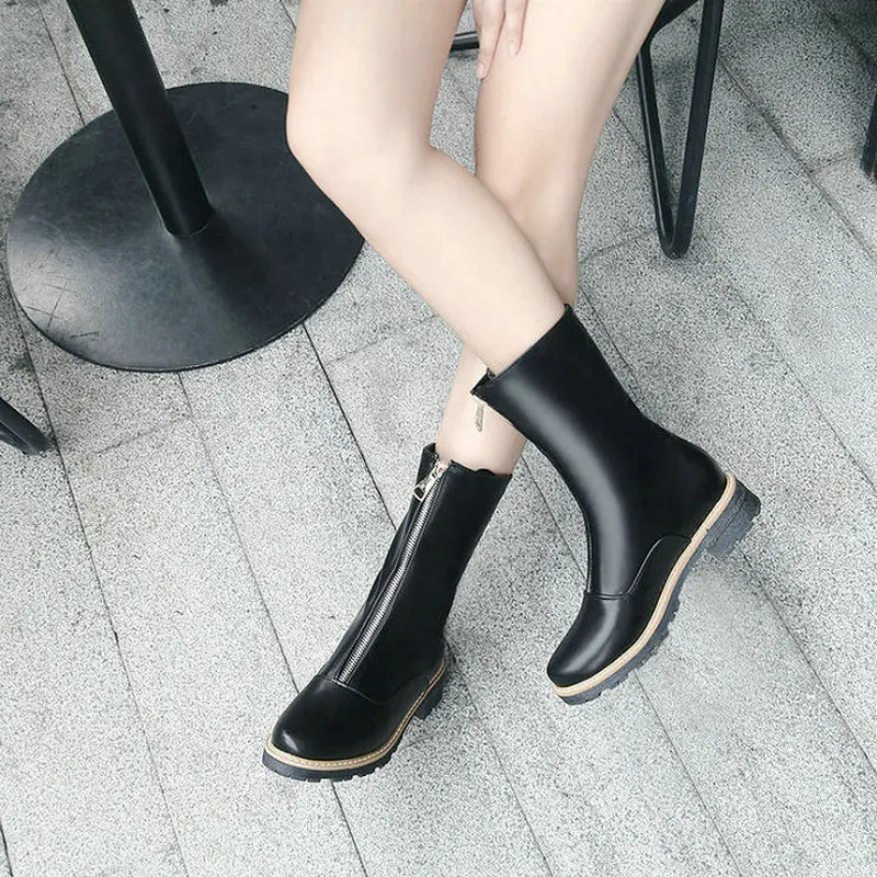 

Female Pu Leather Ankle Boots Thick Low Heel Fashion Bootie Zipper Fall Winter Women Shoes White Black Fast Shipping 2018 New
