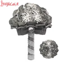 Серебряный Diamond Свадебный Букеты Свадебные темно-серая Шелковая Роза кристалл жемчуг невесты букеты forever Love Свадебные цветы W208