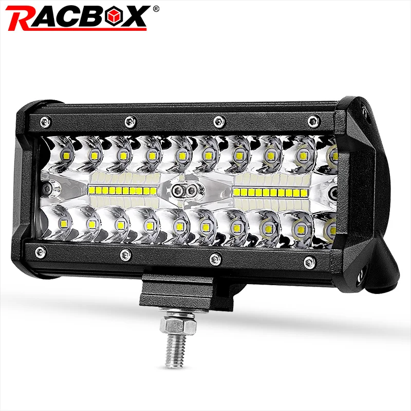 RACBOX 7 inch Triple Row LED Light Bar Flood Spot Combo 120W 12V 24V Car Truck