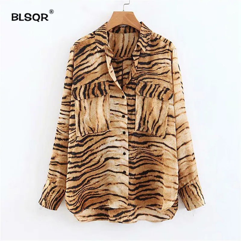 

Women Tiger Skin Print Blouse Animal Pattern Pockets Long Sleeve Turn Down Collar Shirts Casual Chic Tops Blusas
