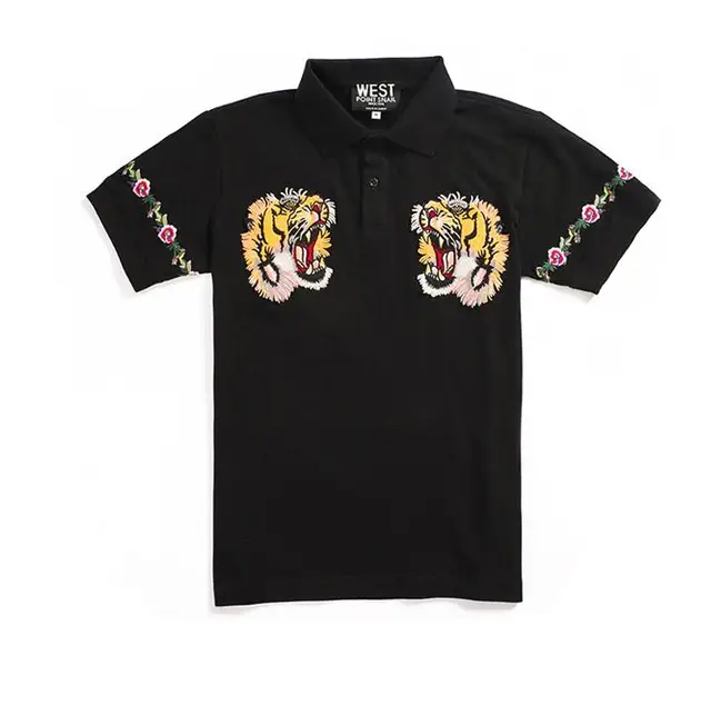 Polos en coton pour hommes avec double tête de tigre et fleurs, chemise de planche à roulettes, haut brodé, t-shirt à la mode, nouveau, 2023, # C37 1