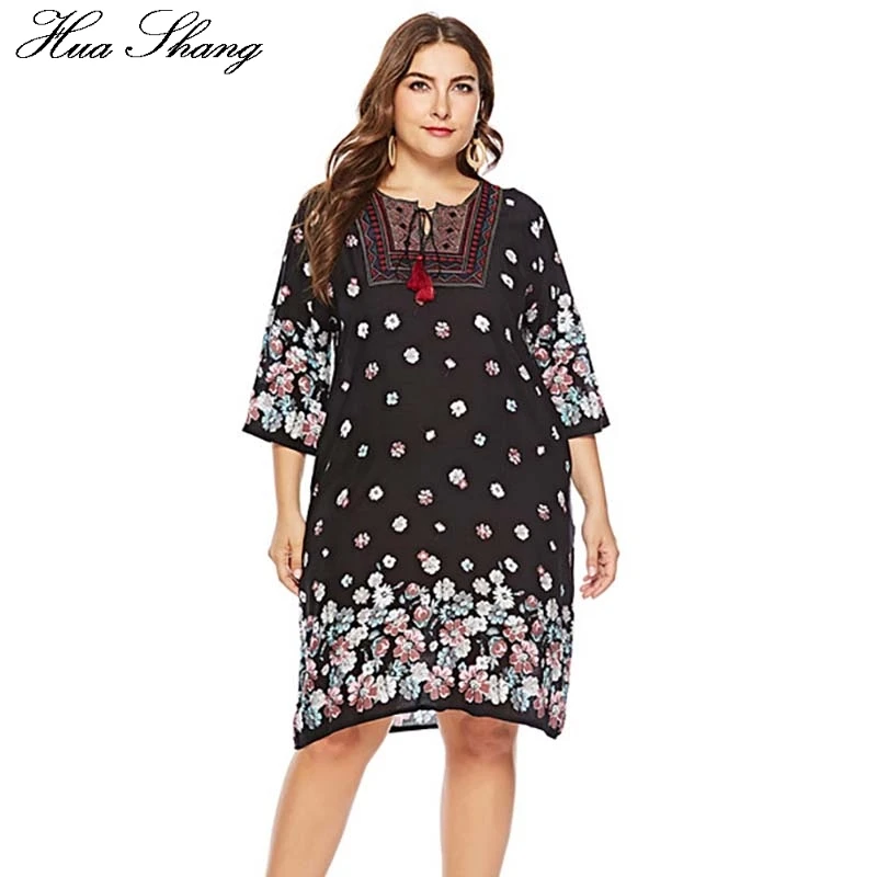

Floral Print Boho Dress Fashion Women Summer O Neck Three Quarter Sleeve Loose Plus Size Dress Knee Length Tunic Beach Dresses