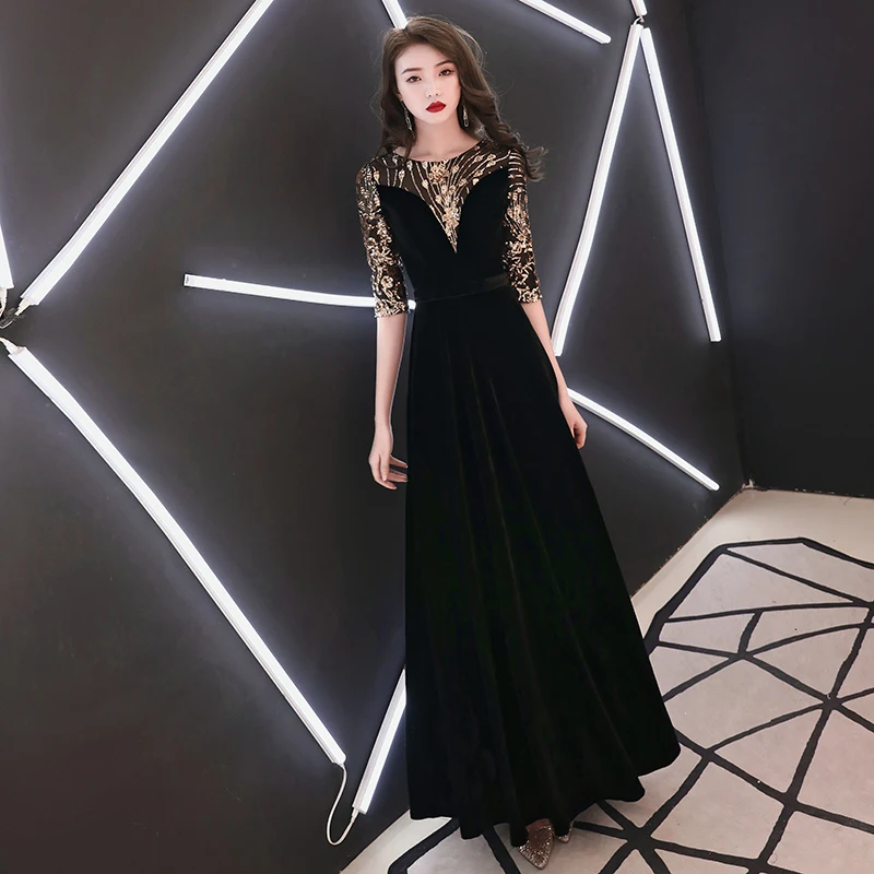 Robe de soiree черные велюровые вечерние платья с круглым вырезом Элегантные Бархатные