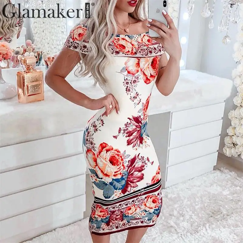 

Glamaker Off shoulder floral print midi bodycon dress Women elegant summer boho dress Female holiday high waist party club dress