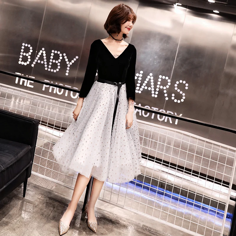 

Black Formal Velvet Short Evening Dresses with Long Sleeve Lace Illusion Casual Sexy Imported Party Dresses LYFY110