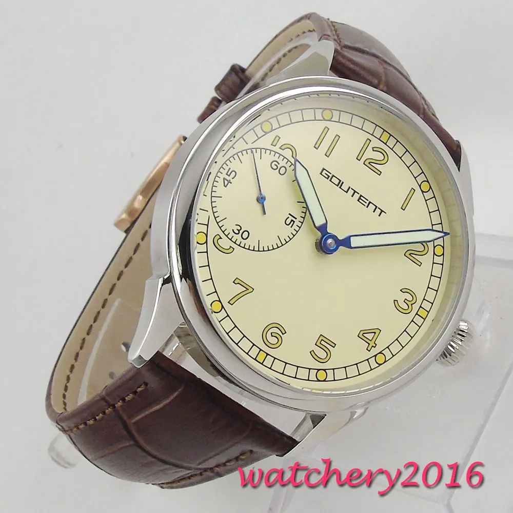 

43mm Beige Dial Stainless steel Case Leather strap Luminous Hands 6497 Hand Winding movement men's Wristwatch Top Brand Luxury