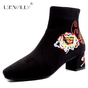 

Lsewilly 2018 newest fashion embroider women sheos square toe med square heel zipper three colors winter warm ankle boots E247