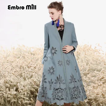 

High-end winter trench coats for women vintage Elegant Floral wool embroidery loose lady blue Christmas overcoat female M-XXXL