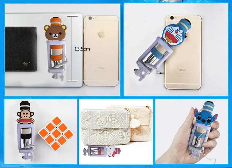 Монопод, выдвижная селфи-палка, селфи 3,5 мм, проводная селфи-палка Hello Kitty, Стич Миньоны с держателем для samsung Iphone 6 7
