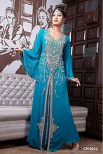 Blue Chiffon with Beading Long Sleeves Islamic Clothing For Women Dubai Kaftan Dress Muslim Evening Dresses Party Gowns Hot Sale