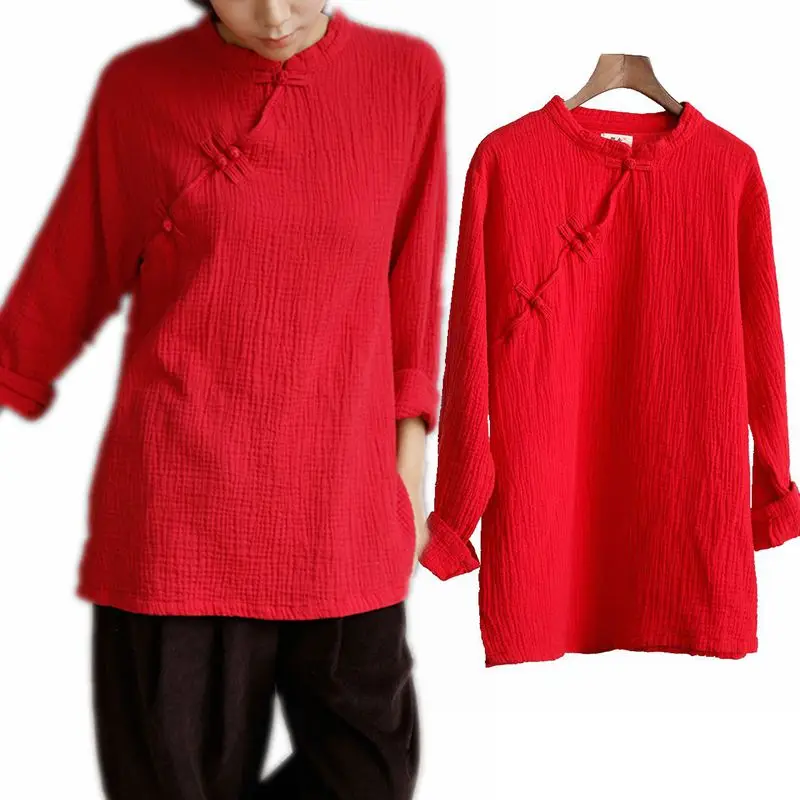 Woman T Shirt Traditional Chinese Style Long Sleeve Top Tee Shirt Women Ethnic Frog Button