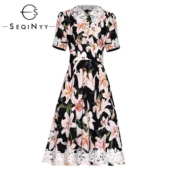 

SEQINYY Knee Dress 2020 Summer Spring New Fashion Design Short Sleeve White Hollow Lace Women Romantic Lily Flowers Print Dress