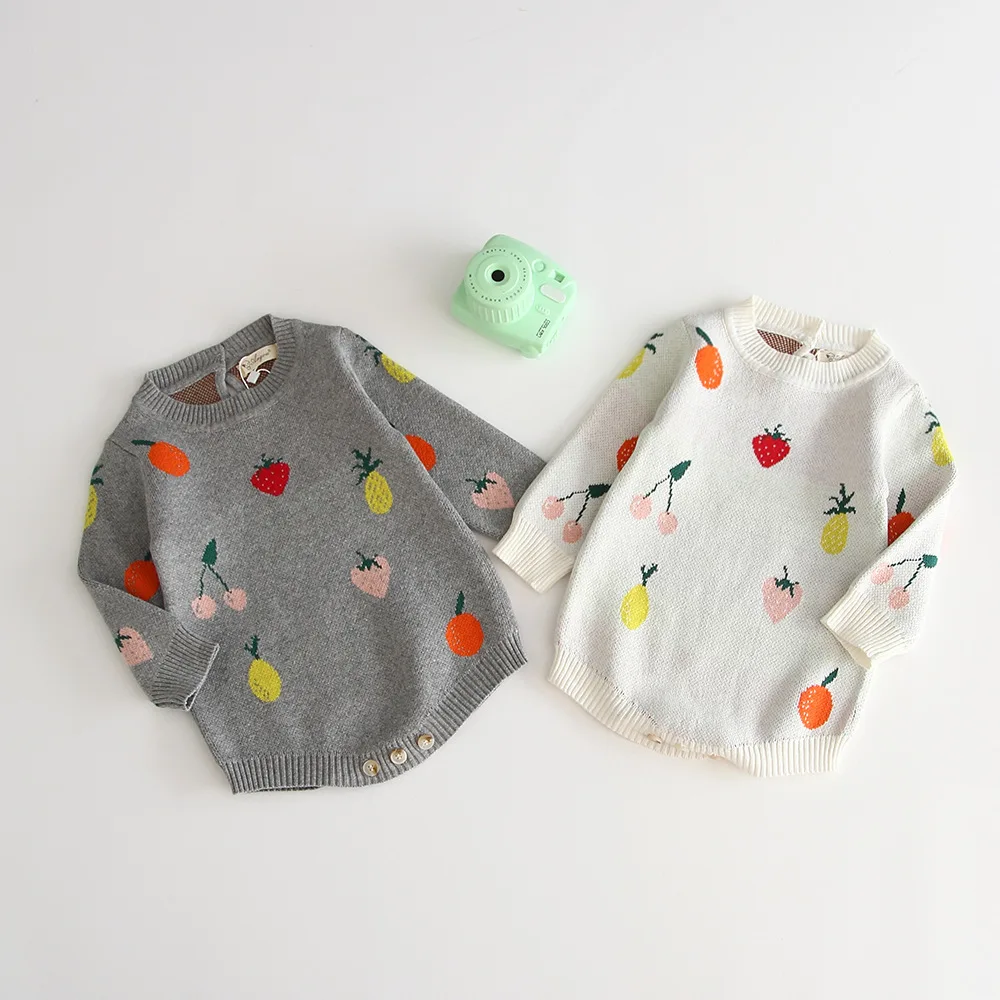 Осенне-зимний детский комбинезон для новорожденных, хлопковый вязаный свитер, комбинезон с длинными рукавами и рисунком фруктов для маленьких мальчиков и девочек