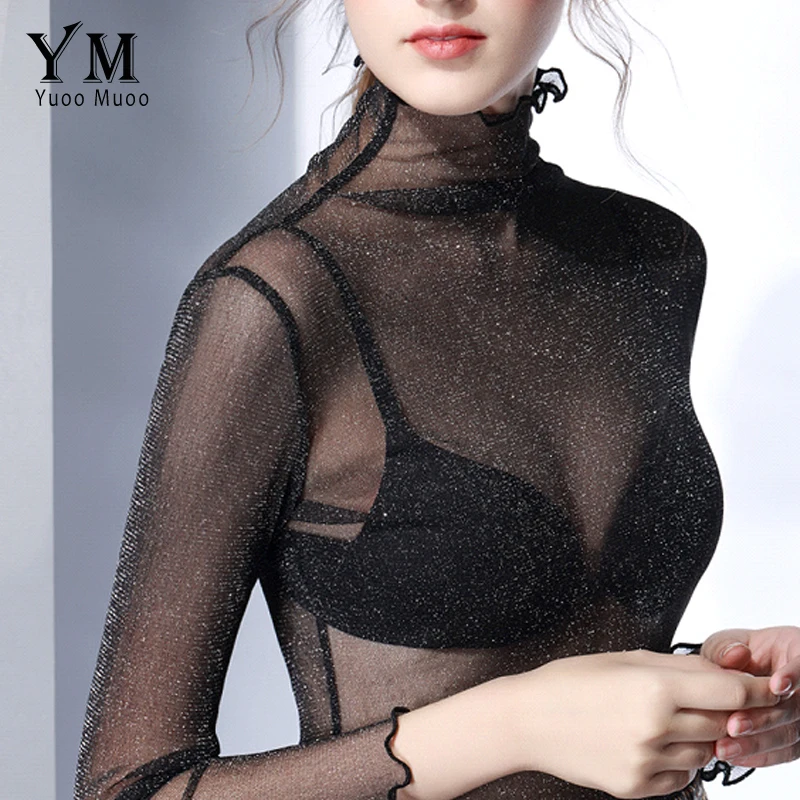 YuooMuoo Sexy Transparent Mesh T Shirt High Quality Women Turtleneck Tops Plus Size Long Sleeve Sheer Slim Ladies Sequin Top