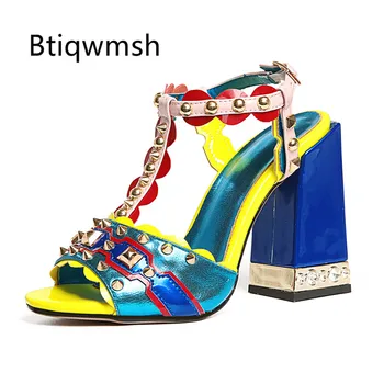 

2019 Chic Design Gladiator Sandals Woman Peep Toe Rivet Rhinestone Mixed Color Chunky High Heel Shoes Women Sexy Party Shoes