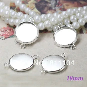 

18mm Silver Plated Copper Blank Round Circle Bases Trays 2 Loops Bezels Pendant Bracelet Connector DIY CABs Findings Wholesale