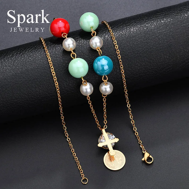 

Women Classic Stainless Steel Cross Necklace & Pendant Christian Cubic Zirconia Round Jesus Coin Rosary Necklace With Beads