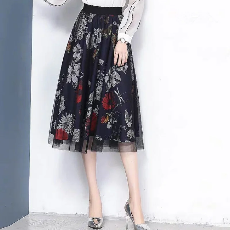 Летняя Весенняя модная Женская эластичная юбка с высокой талией и цветочным принтом, Женская сетчатая юбка 4xl плиссированная юбка с цветочным рисунком