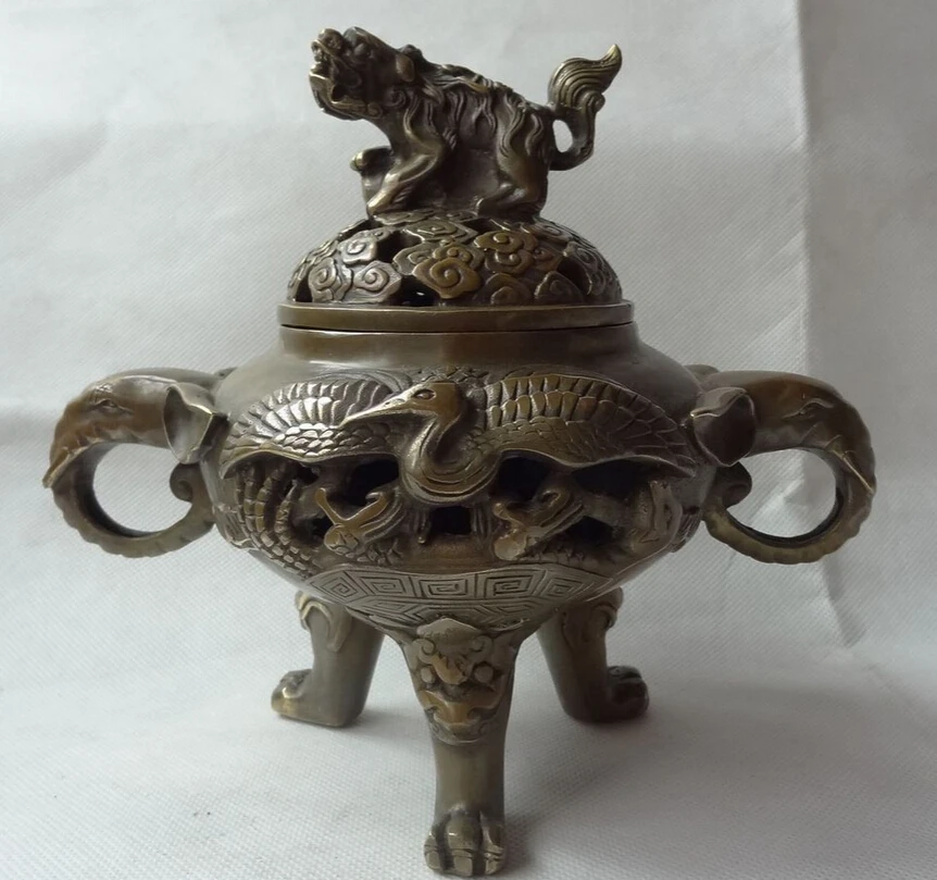 

S4306 8" Tibet Bronze Collect FengShui PiXiu Lion Crane Statue Incense Burner Censer D0317
