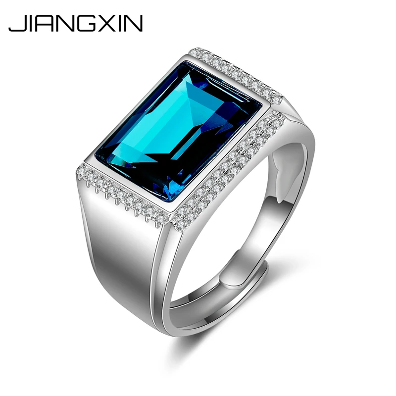

JIANGXIN Handmade High-Polished Platinum Plated Men Ring 925 Sterling Silver Emerald Cut Blue Topaz Adjustable Size Ring for Men