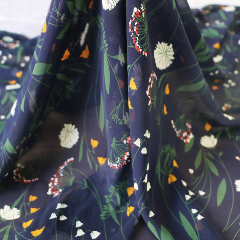 Глубокий темно-синий элегантный цветочный текстиль платье ткань шифон