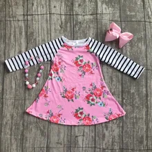 new autume Fall/winter hot sale girls ruffle boutique pink floral stripe dress children clothes milk silk match accessories