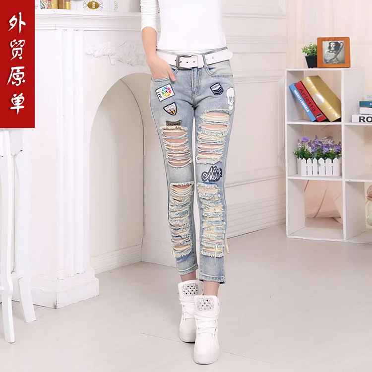 Slim hole jeans female low handmade cotton denim trousers