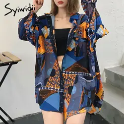 Блузки Harajuku чернил геометрический принт рубашка женская одежда с длинным рукавом Свободные Защита от Солнца защиты рубашка пляж стиль 2019