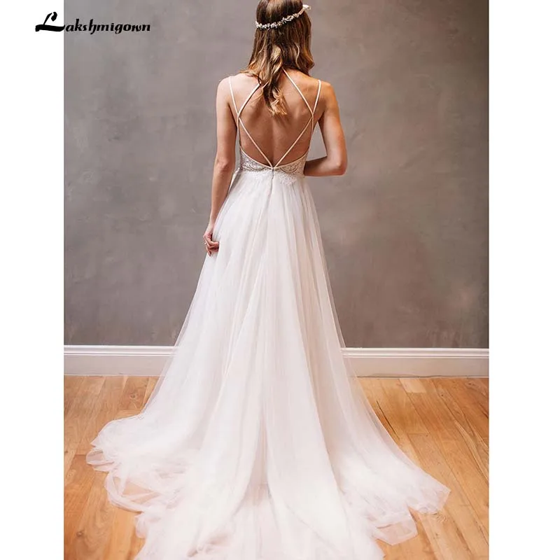 

Spaghetti Strap Ivory Tulle Beach Wedding Dresses Rhinestone Backless Bridal Dress Vestido De Noiva