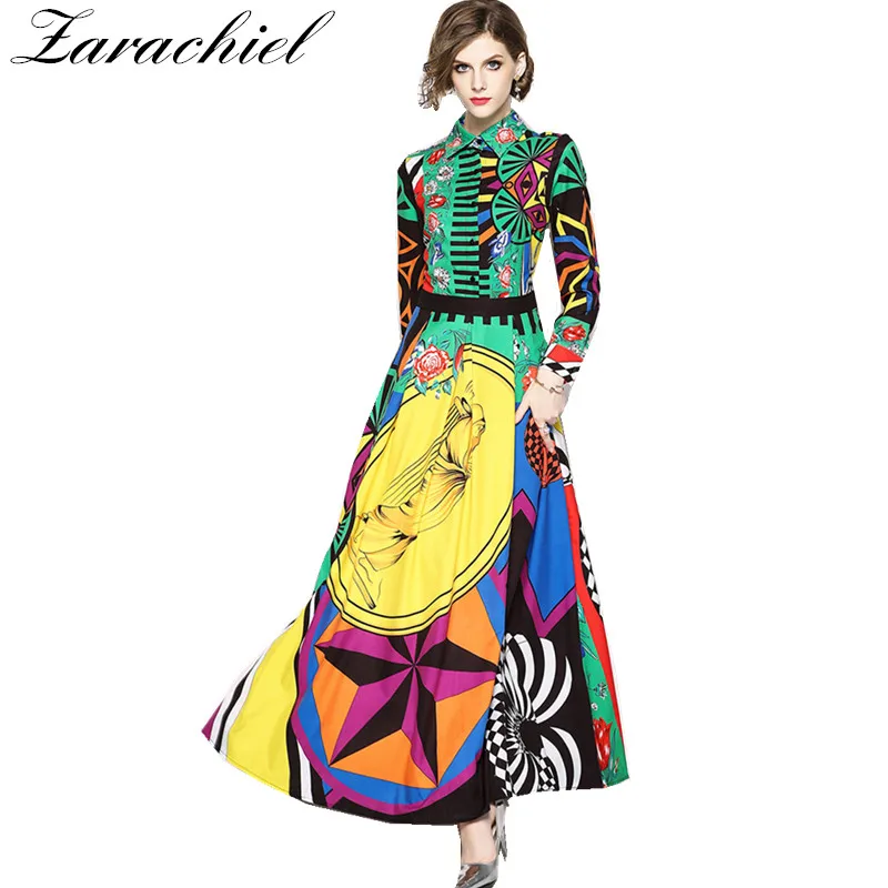 

New 2019 Designer Runway Dress Long Sleeve Maxi Dress Women's Turn Down Collar Hit Color Rose Floral Print Vintage Long Dress