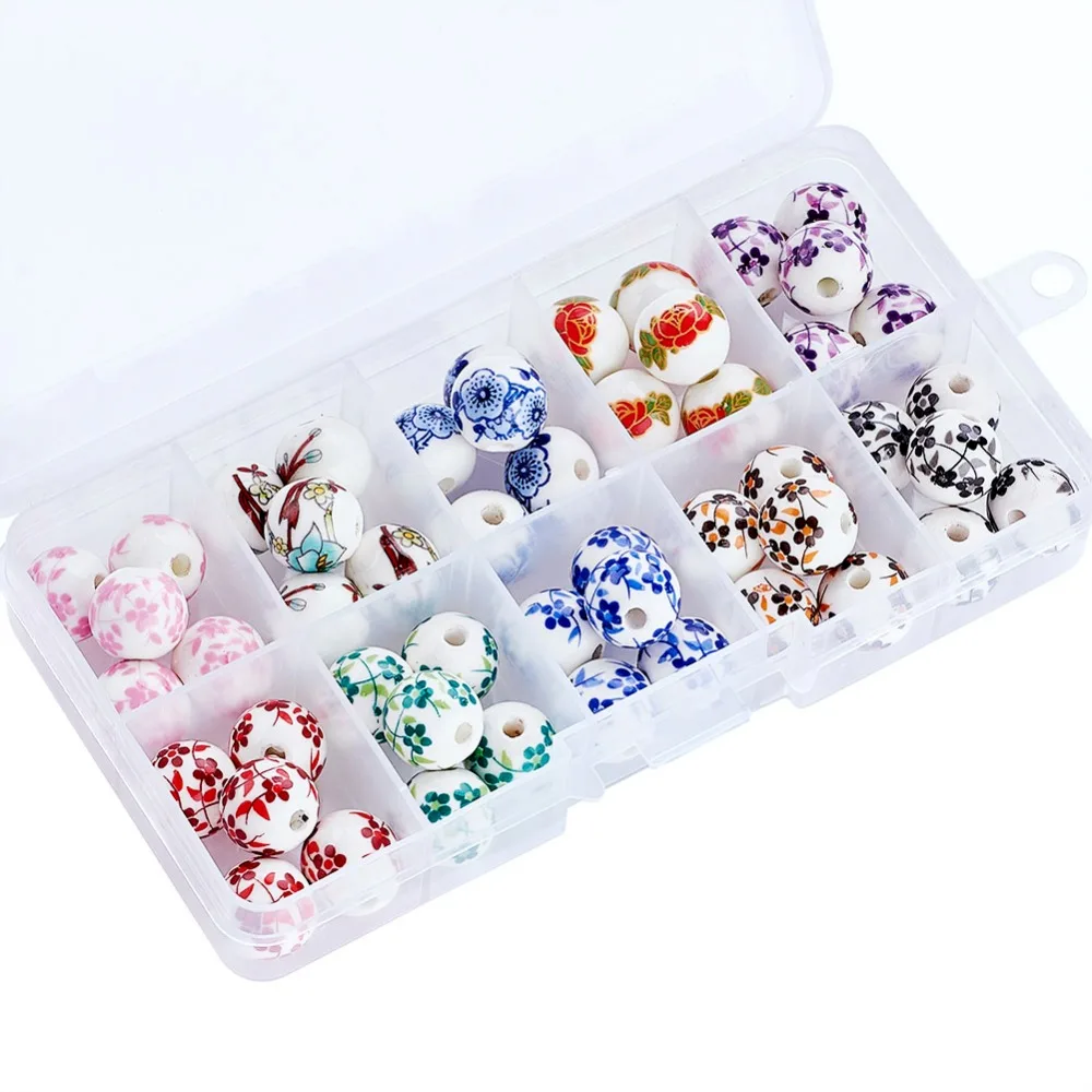

1 Box 12mm Handmade Porcelain Ceramic DIY Beads, Round, Mixed Style, Mixed Color, 12mm, Hole: 3mm; 5pcs/compartment, 50pcs/box