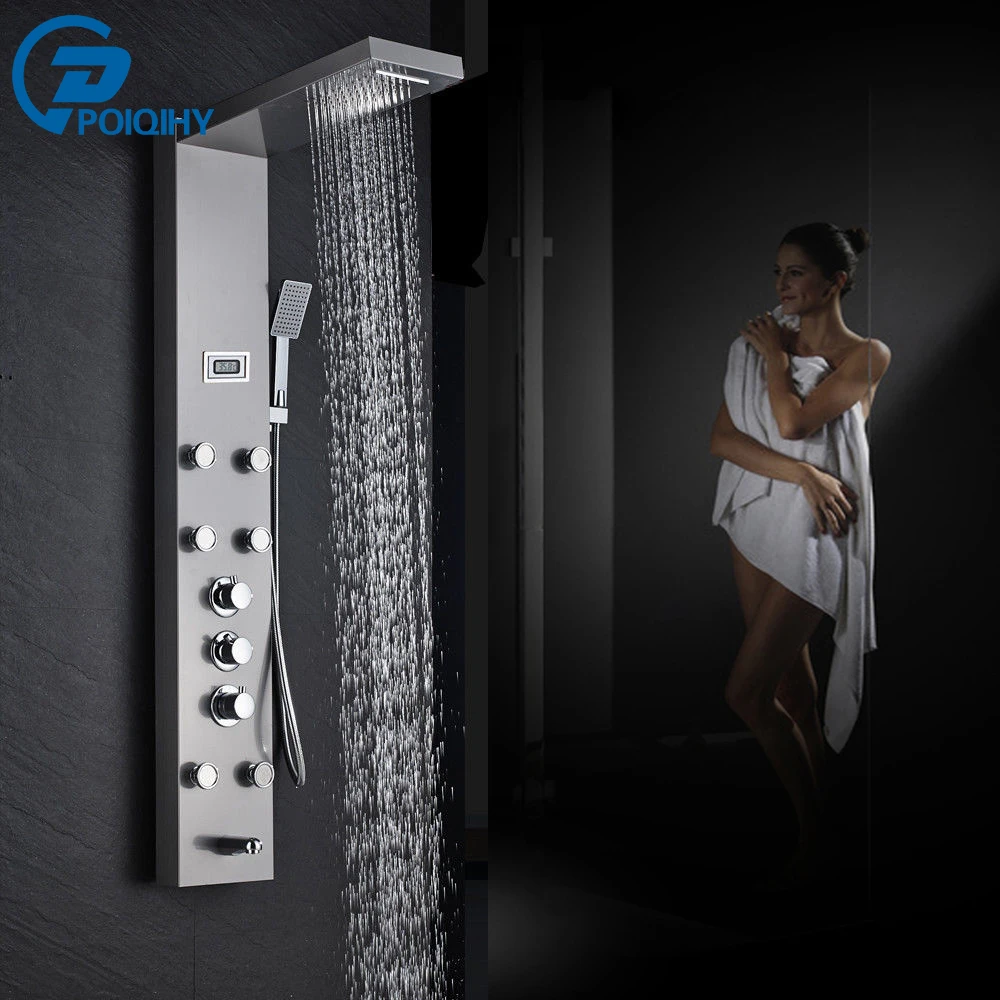 

Waterfall Rainfall Shower Panel Wall Mounted Bathroom Shower Faucet Shower Panel Column With Hand Sprayer Nickel Brushed