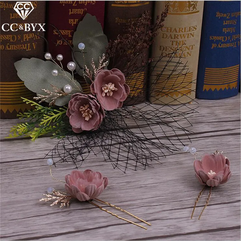

CC Jewelry Hair Stick Tiara Bridal Hair Accessories 3pcs Set Hairpins Handmade Flowers For Women Wedding Decorations Beads 1051